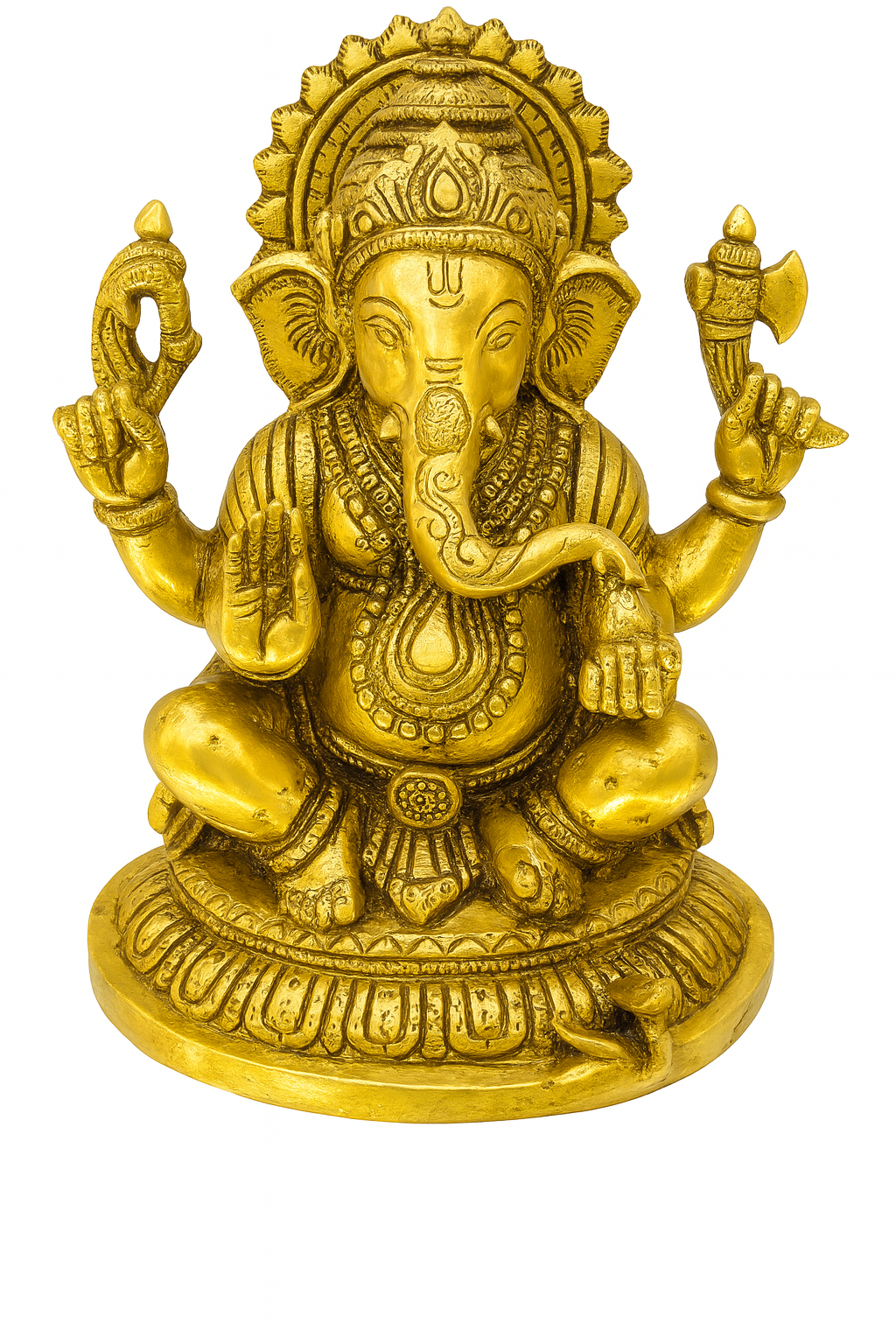 Golden Brass Lord Ganesha Idol – Seated on Lotus with Modak & Axe