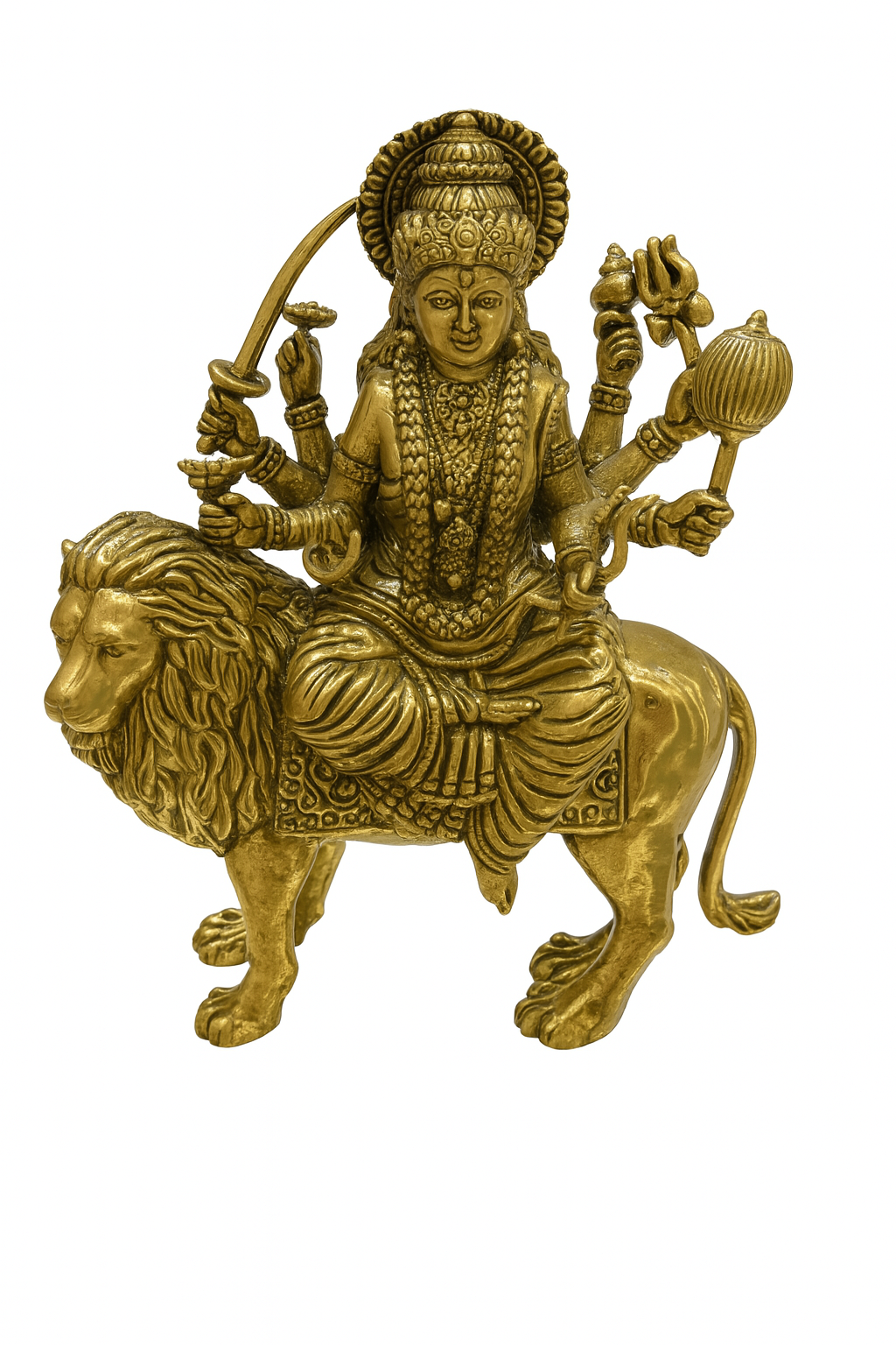 Brass Idol of Goddess Durga Riding Lion – 8-Armed Mahishasura Mardini Form