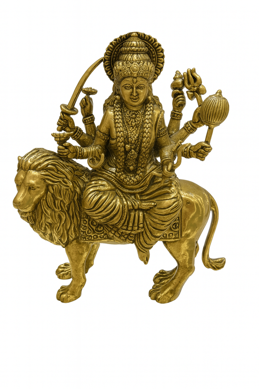 Brass Idol of Goddess Durga Riding Lion – 8-Armed Mahishasura Mardini Form