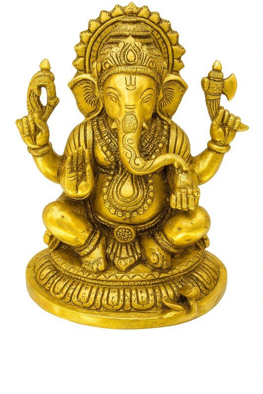 Golden Brass Lord Ganesha Idol – Seated on Lotus with Modak & Axe