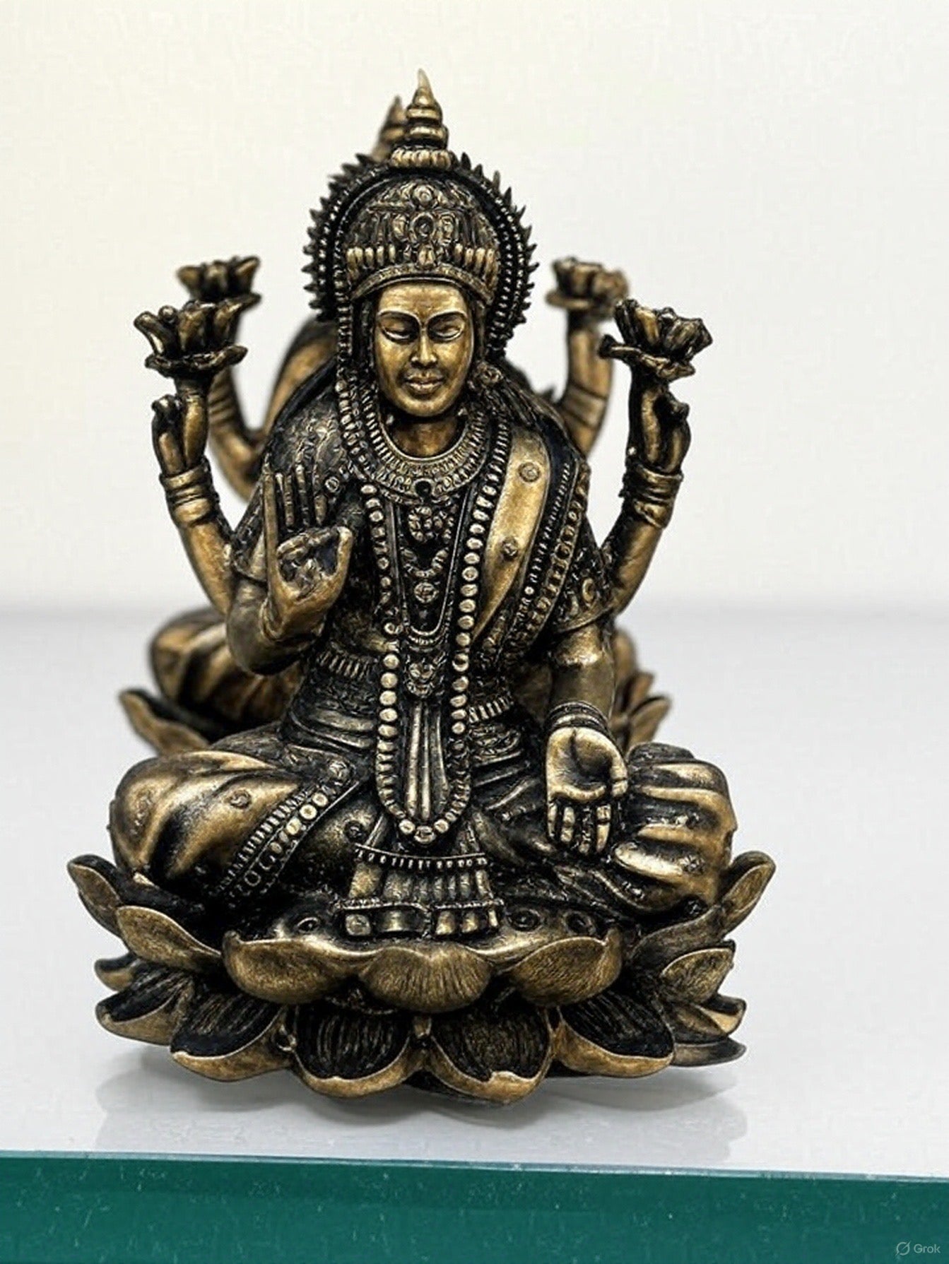 Antique Brass Lakshmi Devi Idol – 6-Armed Lotus Seated