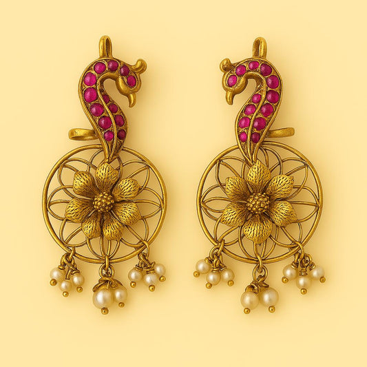 Peacock Bloom Pearl Drop Earrings